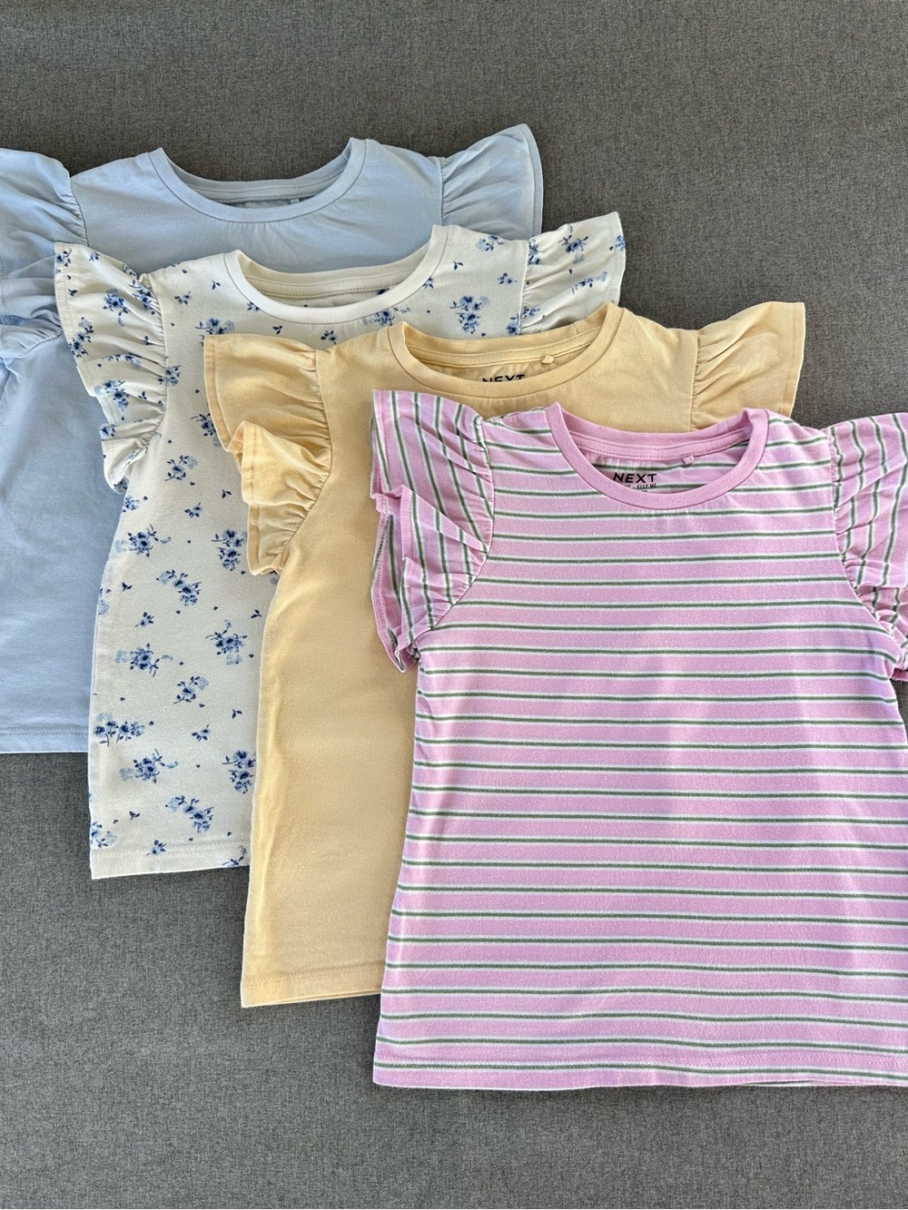 NEXT Girls 4 Pack Ruffle Sleeve T-Shirts Size 6 Blue Floral Yellow Pink